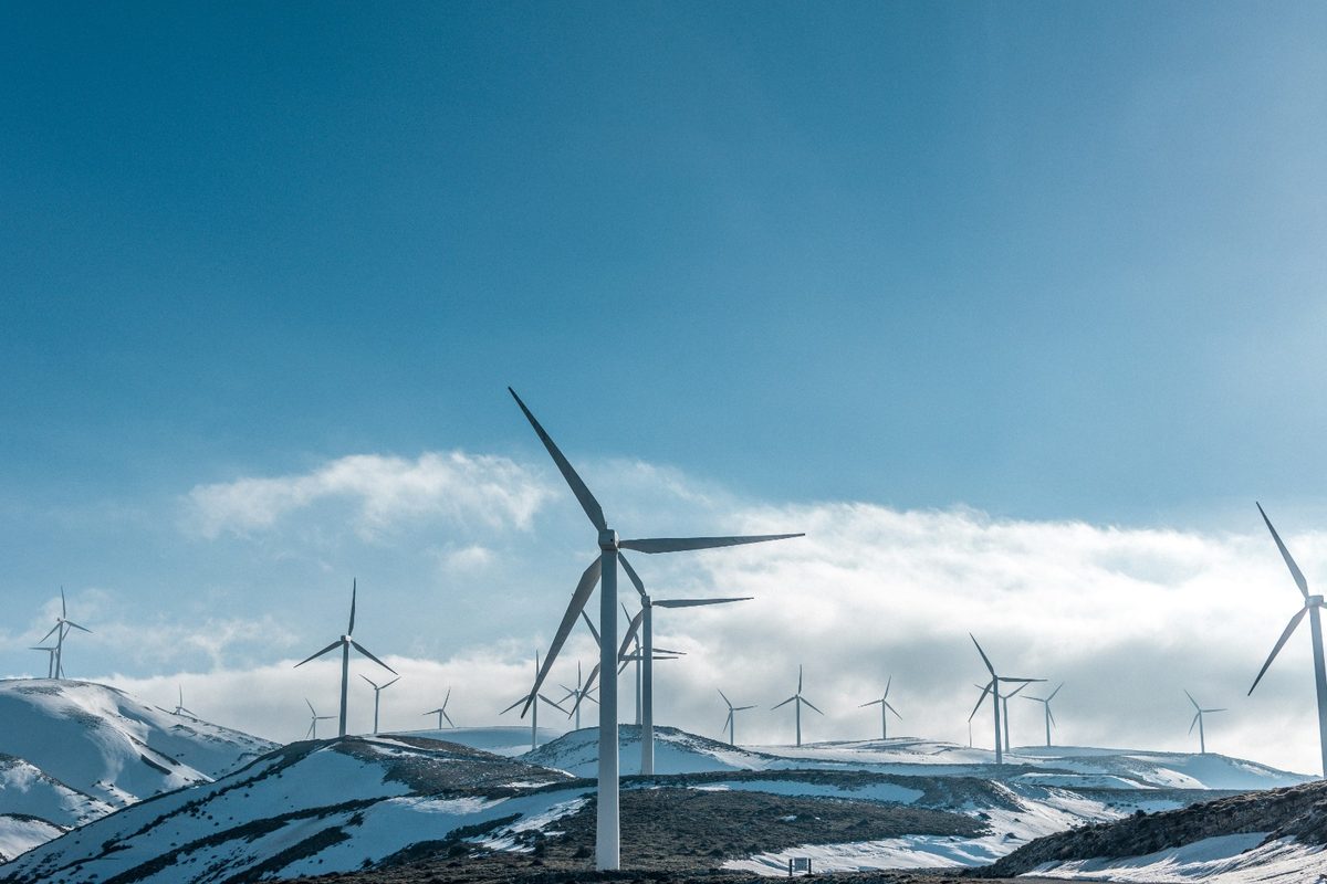 Wind farm on rolling hills engineered for clean power generation